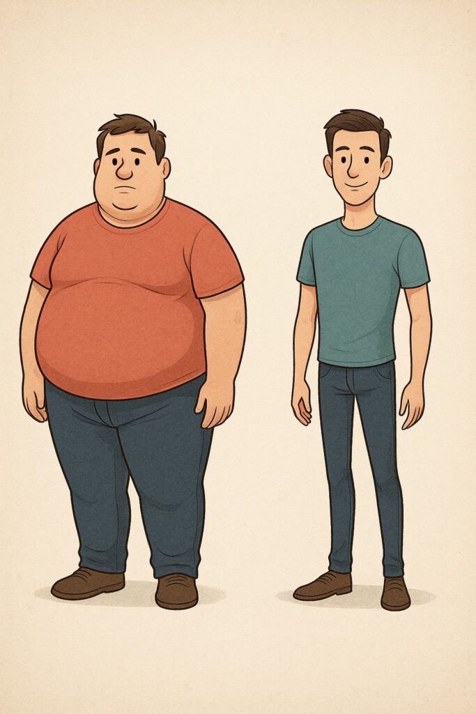 Tämä kuva esittää miestä ennen ja jälkeen onnistuneen painonpudotuksen, jonka hän saavutti pätkäpaaston avulla.