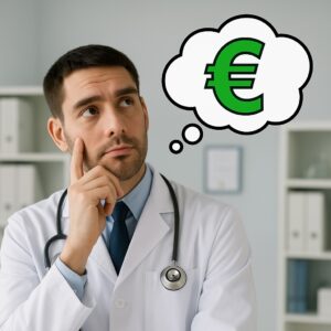 Lääkäri miettimässä vihreää euron merkkiä modernissa sairaalassa – lääkärin palkka Suomessa 2025-2026