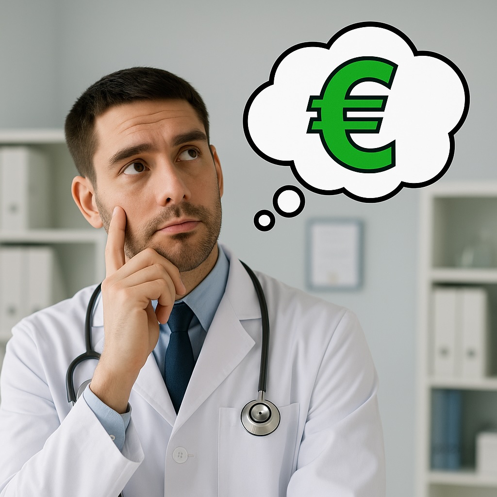 Lääkäri miettimässä vihreää euron merkkiä modernissa sairaalassa – lääkärin palkka Suomessa 2025-2026