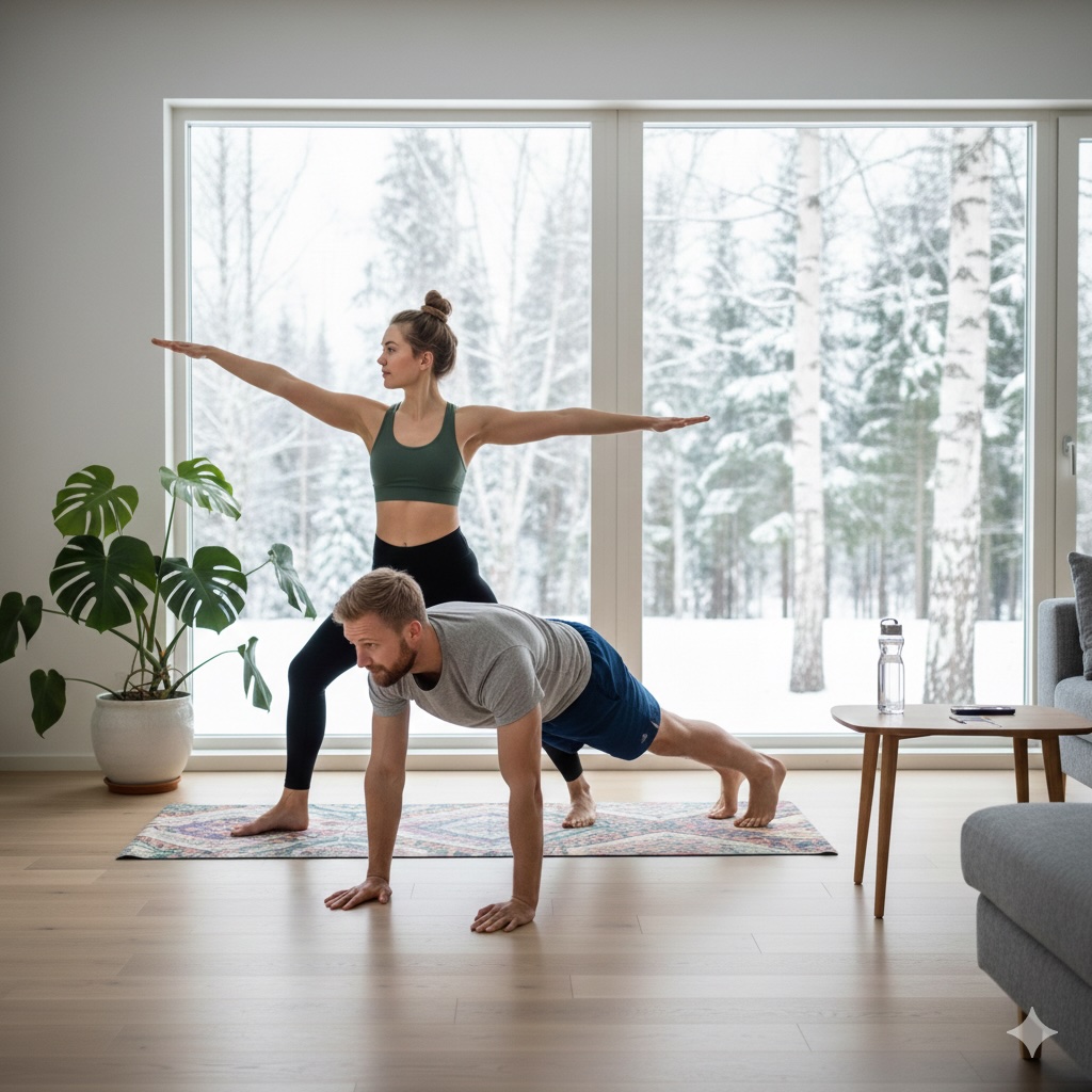 Kuvassa mies ja nainen tekevät kotitreeni ohjelmaa kotonaan.