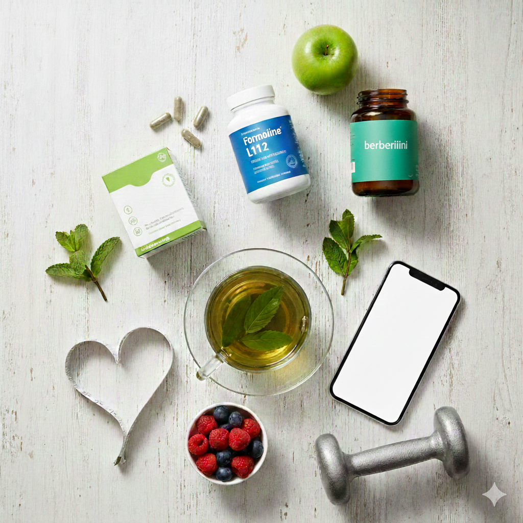 Kokoelma tehokkaita laihdutusvalmisteita, kuten berberiini-kapseleita, vihreää teetä ja Formoline-tuotteita puupöydällä