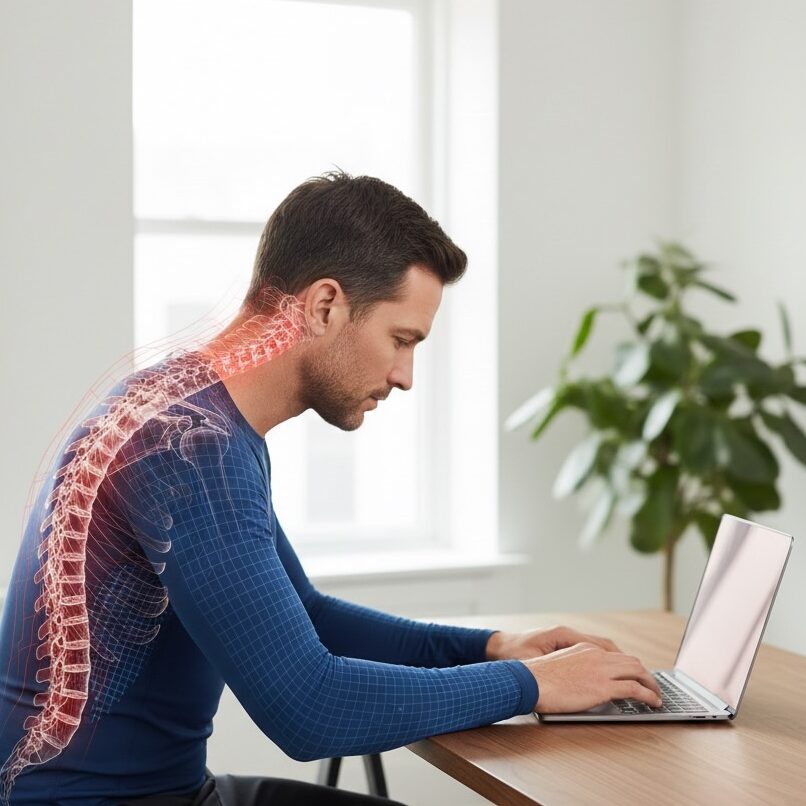 Kuvassa mies on tietokoneella ja hänellä on huono ryhti