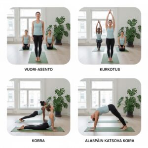 Kuvassa naiset parantavat ryhtiä aurinkotervehdystä tekemällä kuntosalilla