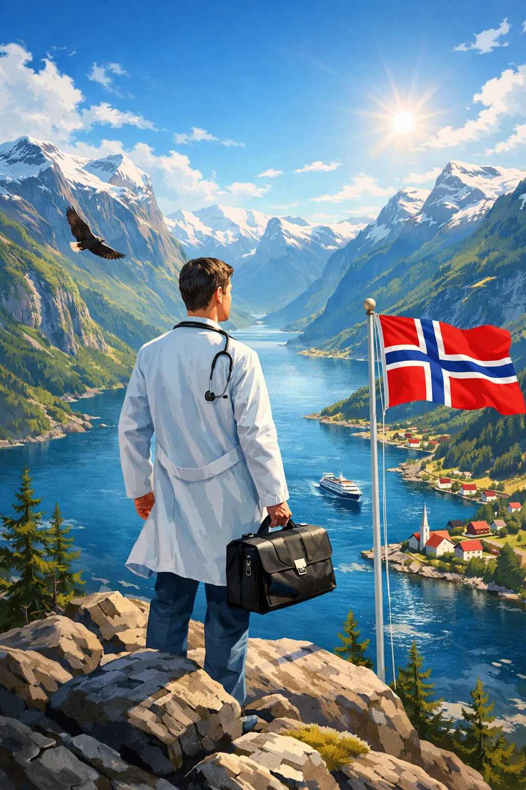 Kuvassa lääkäriksi Norjaan lähtenyt mies seisoo vuonon äärellä lääkärin laukku kädessä.