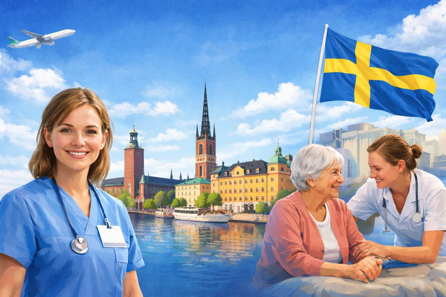 Kuvasssa Suomalainen nainen on lähtenyt lähihoitajaksi ruotsiin. Ruotsissa lähihoitajana työskentelevä nainen hoivaa vanhusta