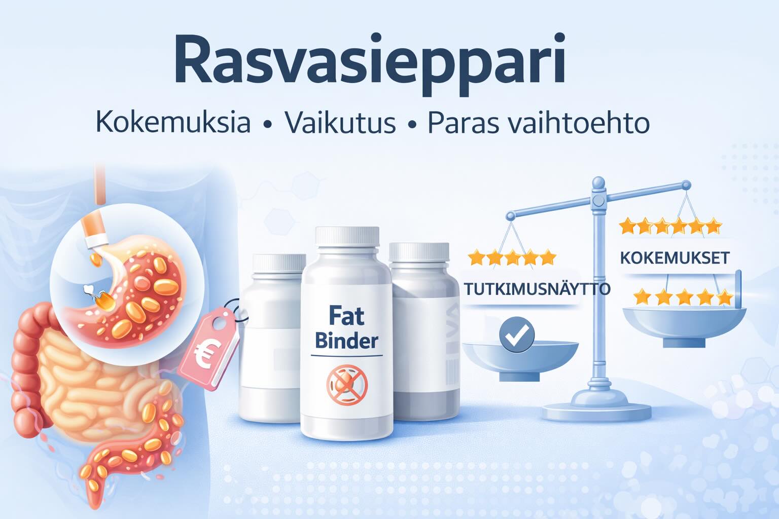 Kuvassa rasvasieppari ja mainita kokemuksista, sekä tutkimusnäytöstä.