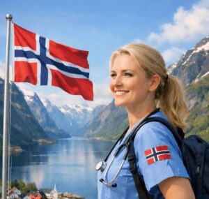 Kuvassa Suomalainen sairaanhoitaja on lähtenyt sairaanhoitajaksi Norjaan ja on Norjassa vuonojen äärellä.