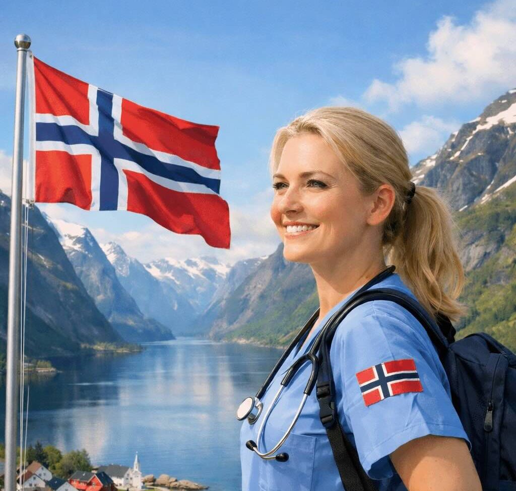 Kuvassa Suomalainen sairaanhoitaja on lähtenyt sairaanhoitajaksi Norjaan ja on Norjassa vuonojen äärellä.