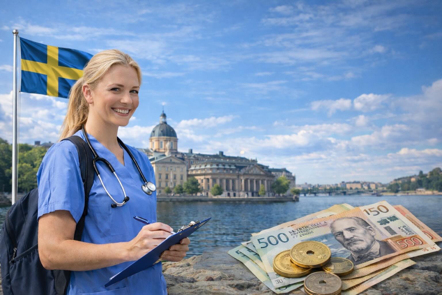 Kuvassa nainen on lähtenyt sairaanhoitajaksi Ruotsiin ja hän on sairaanhoitajan puvussa.